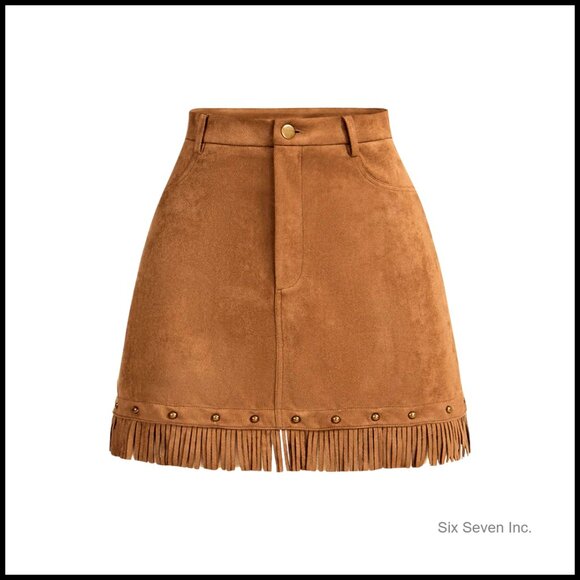 Dresses & Skirts - Faux Suede Fringe Mini Skirt High Waisted Western Tassel A-Line
